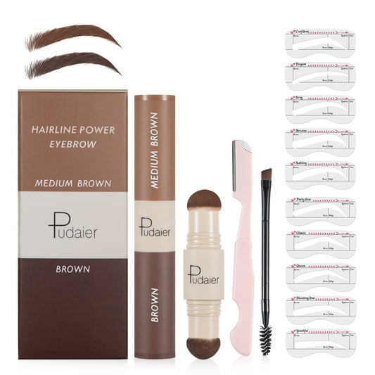 Eyebrow Stamp Stencil Kit 2 Colors One Step Brow Trio Makeup Set with 10 Eyebrow Stencils, 1 Brush and 1 Razor, Easy Color, Waterproof and Long Lasting (Blonde and Taupe)